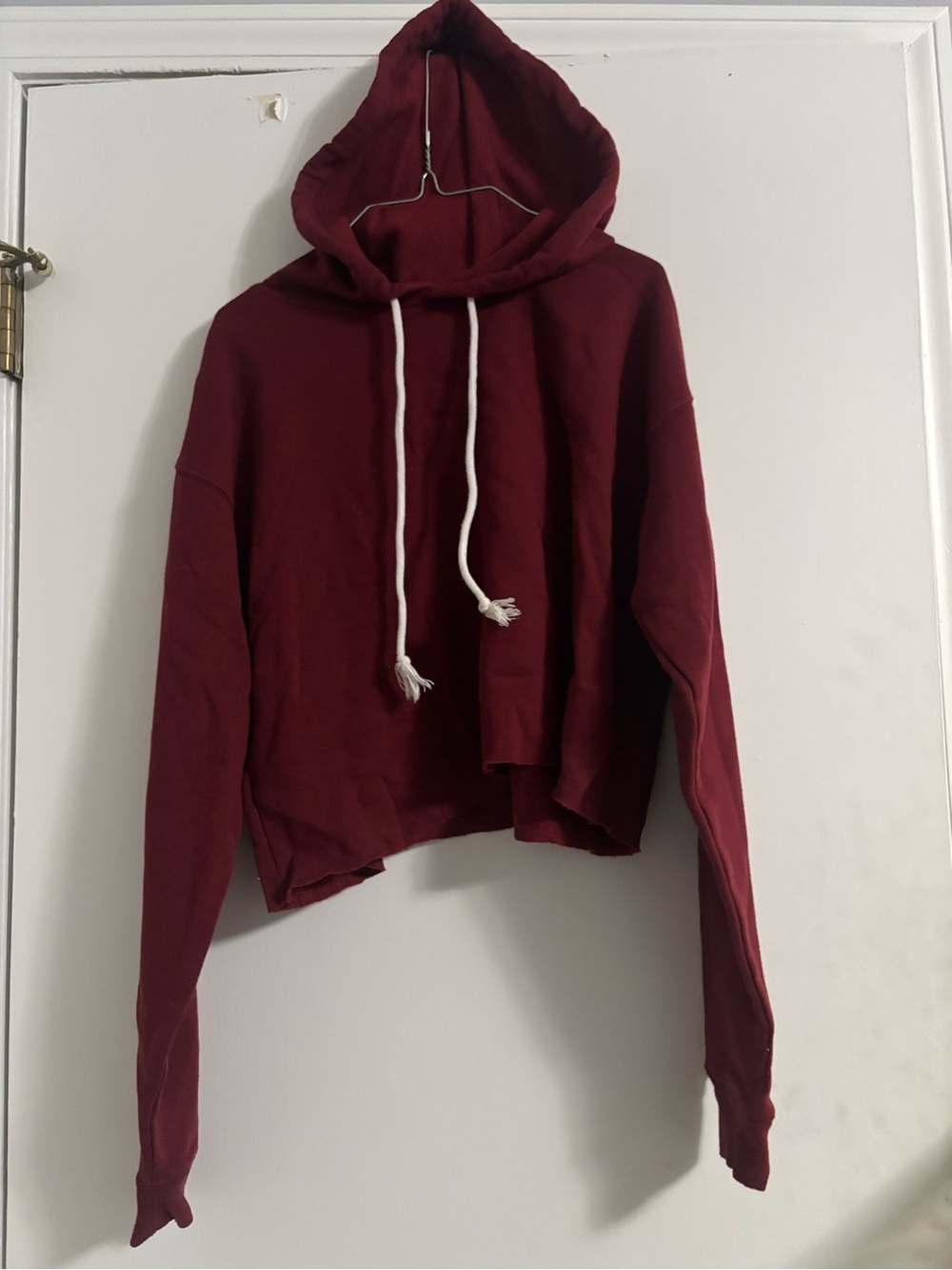 Maroon Cropped Hoodie with White Drawstrings